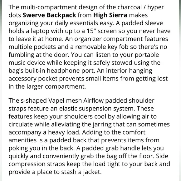 High Sierra Unisex Swerve Charcoal Grey and Hyperdots Laptop Backpack EUC - Picture 11 of 12